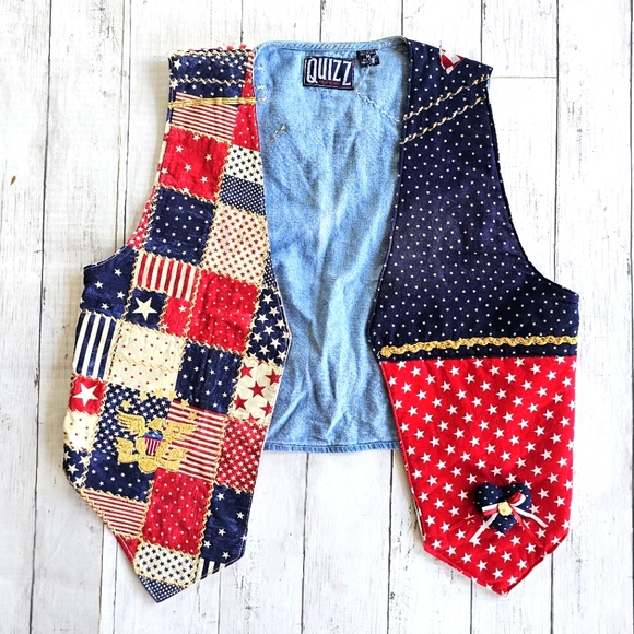 Vintage RARE Handmade Quilted Denim Patriotic USA American Flag Vest Festive - Picture 4 of 9